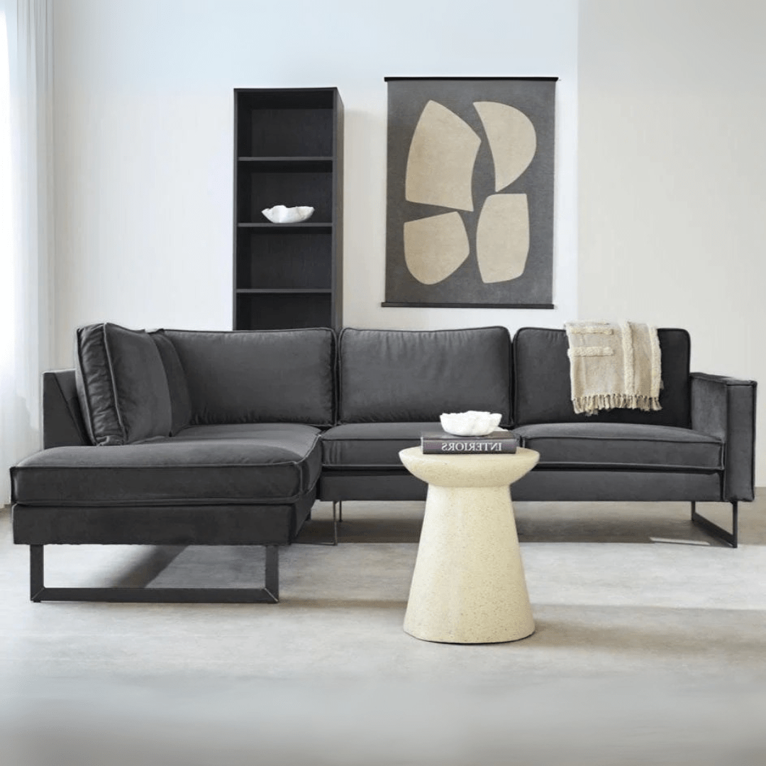 Canapé d'angle avec coussins amovibles en velours anthracite Quinn - côté gauche