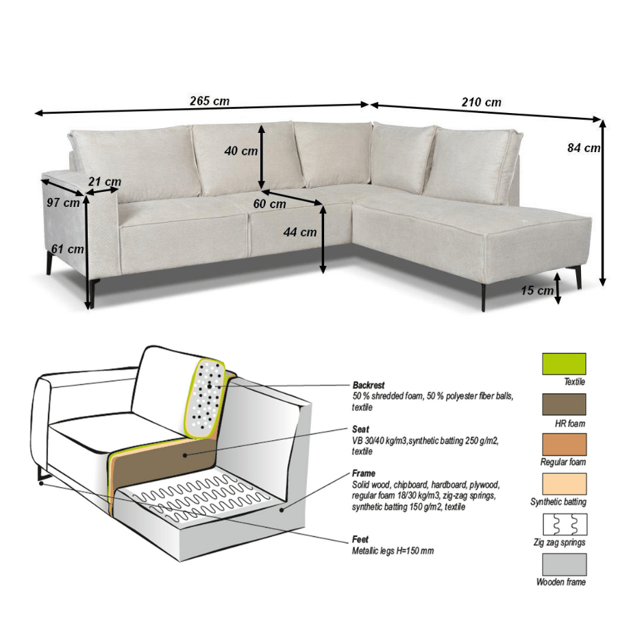 Canapé d'angle avec chaise longue beige en chenille Yara - droit