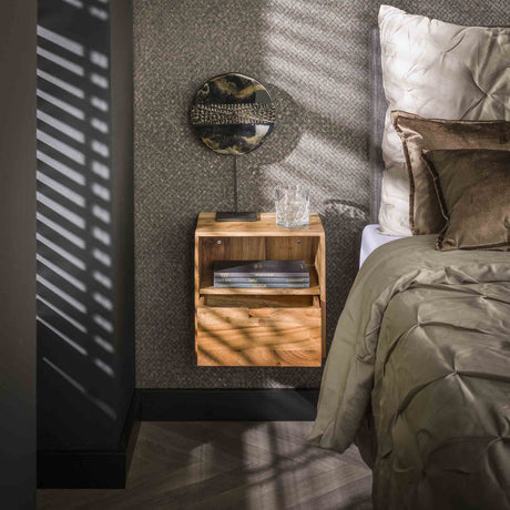Ensemble de 2 tables de nuit flottantes Ceriel en bois d'acacia avec 1 tiroir et un compartiment ouvert
