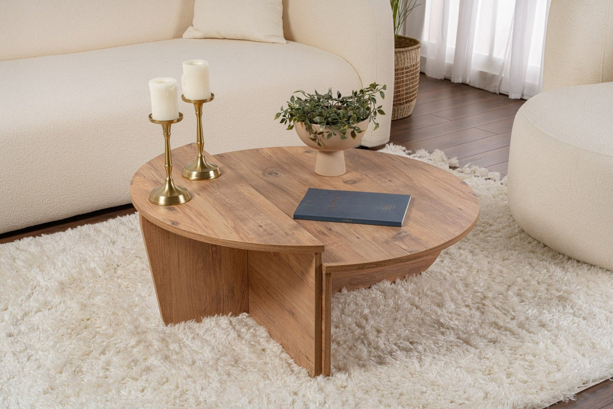 Table basse ronde en pin atlantique avec finition mélaminée en gradins 90 cm Orin