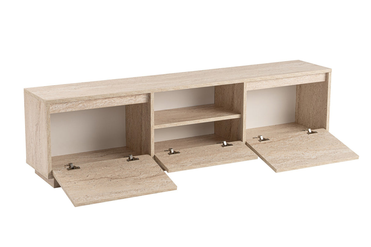 TV Meubels - TV Meubel Japandi Travertin Melamine - drie kastjes - 160x42x29,5 cm - Flare - Dimehouse