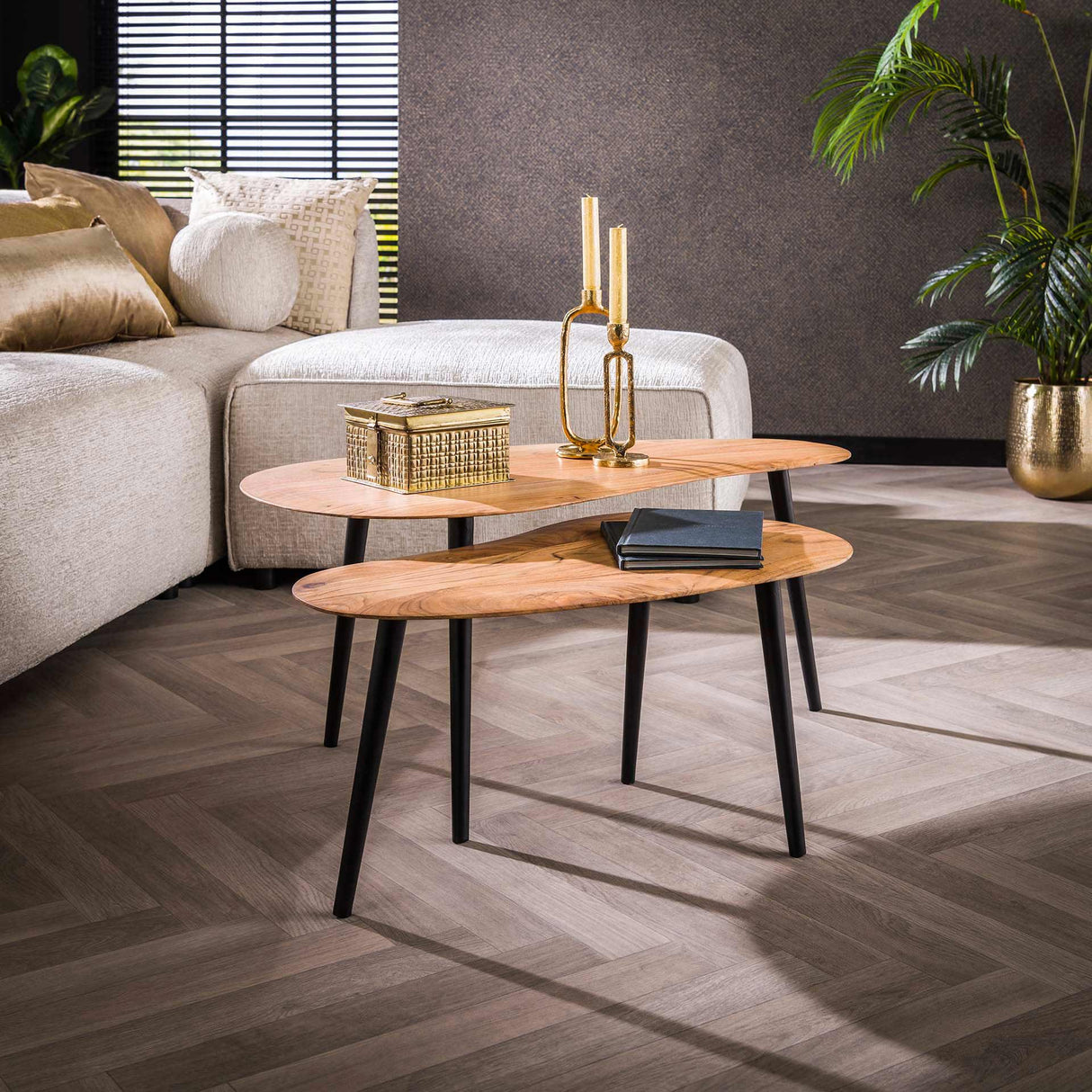 Table basse organique en forme de rein Elvie Set de 2 en bois d'acacia