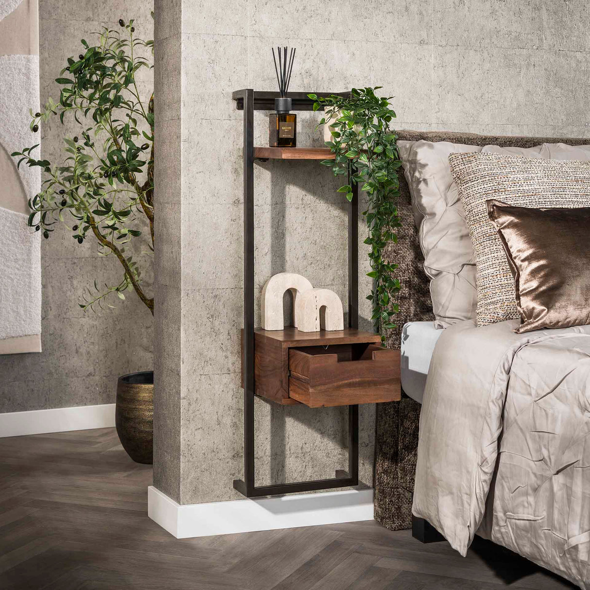 Table de Chevet Étroite Industrielle Naomi Bois d'Acacia 1 Tiroir Marron Drift