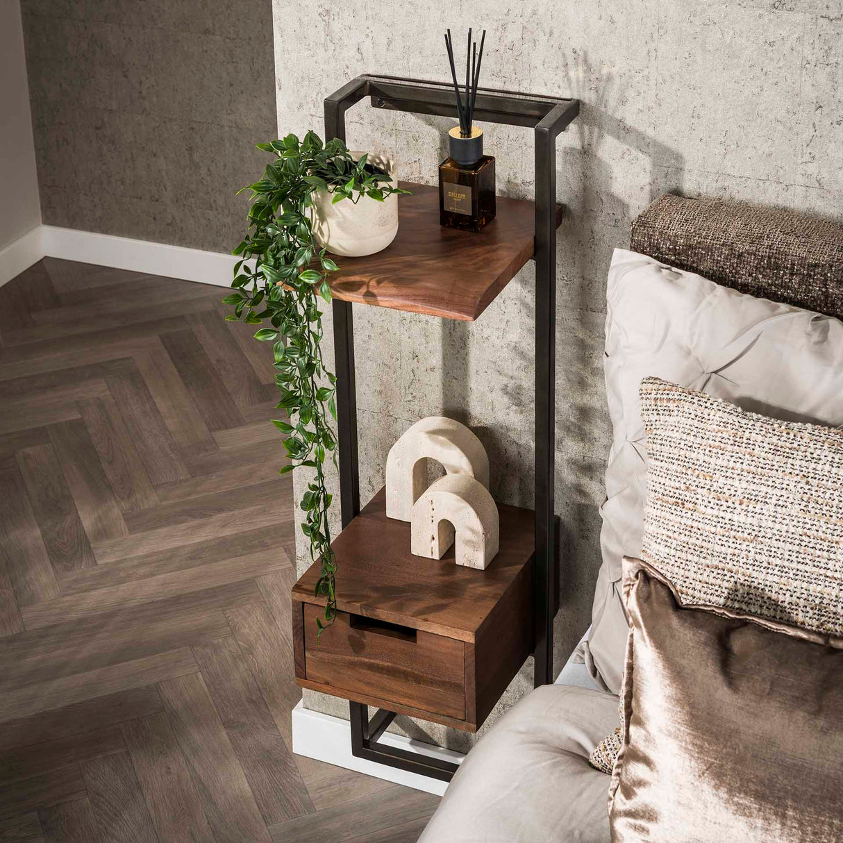 Table de Chevet Étroite Industrielle Naomi Bois d'Acacia 1 Tiroir Marron Drift