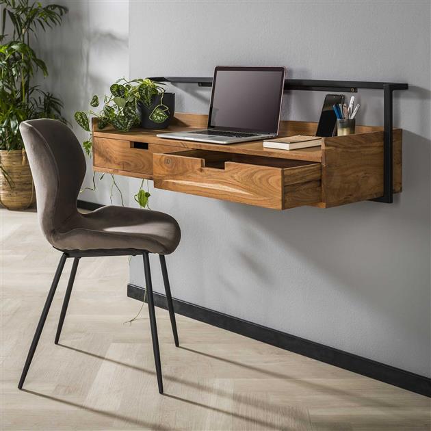 Bureau flottant industriel Naomi en bois d'acacia 2 tiroirs 120x38x37 cm