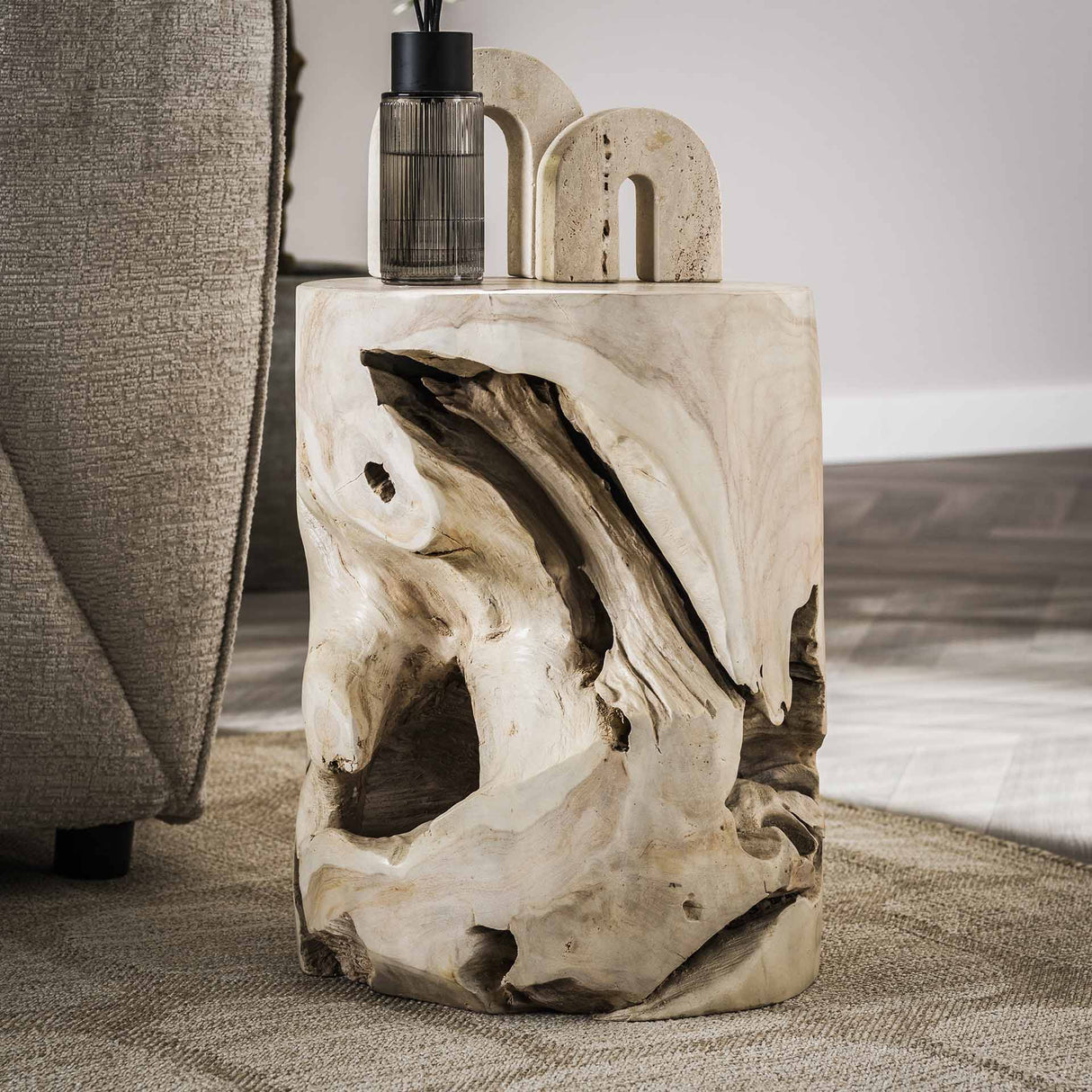 Table d'appoint ronde Brett en teck blanc lavé Ø30x40 cm