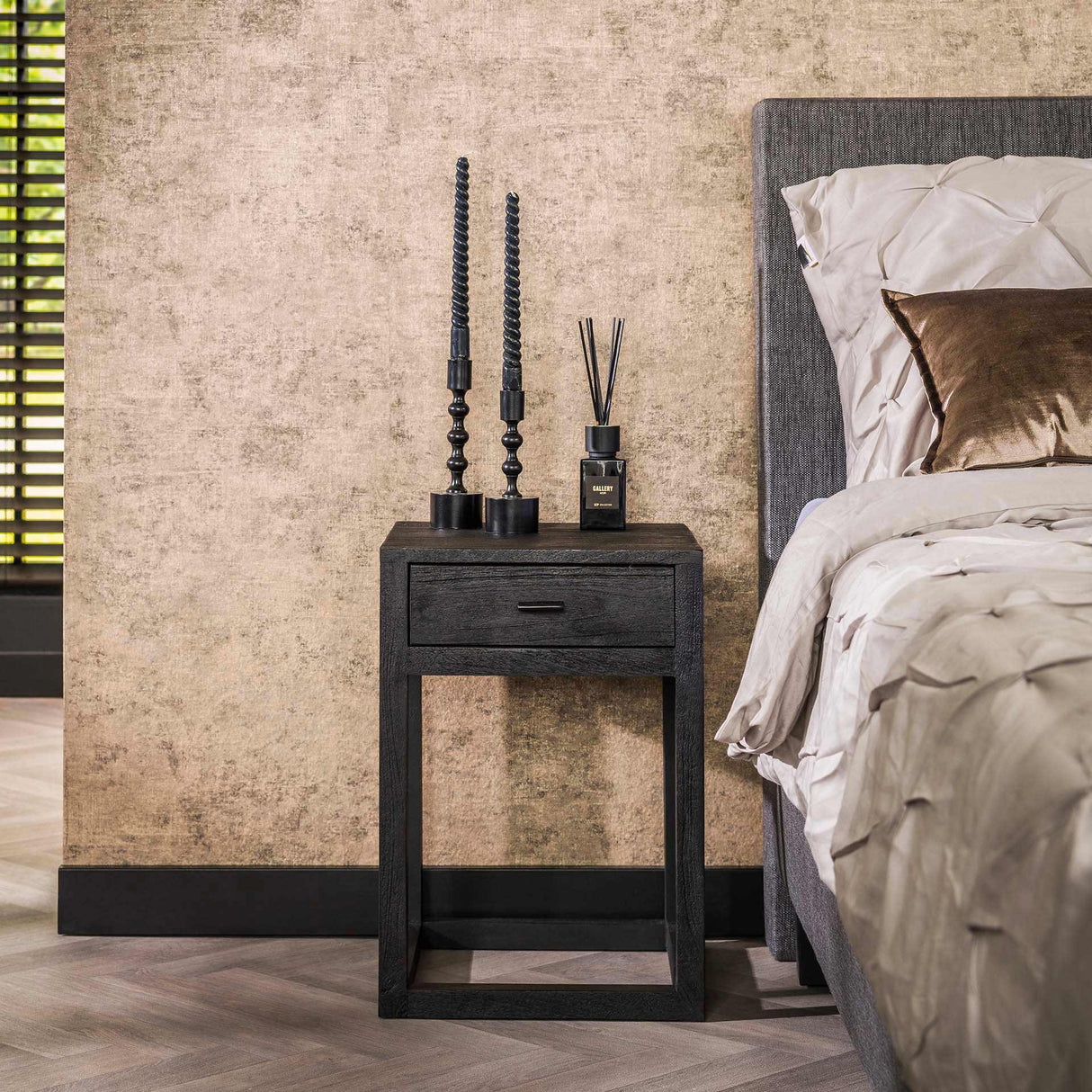 Table de nuit Noir Bois d'Acacia Davey 1 Tiroir