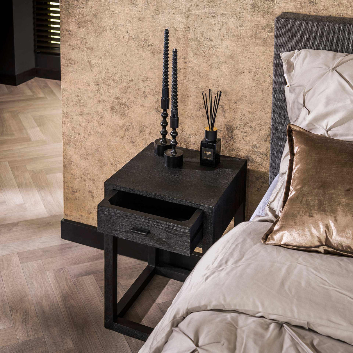 Table de nuit Noir Bois d'Acacia Davey 1 Tiroir