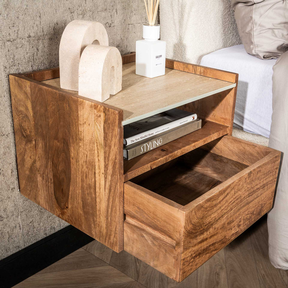 Orto Niche de nuit suspendue 1 tiroir 1 compartiment Bois de manguier Céramique