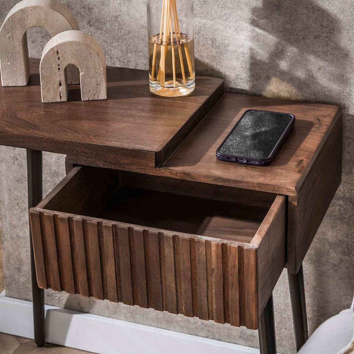 Table de Chevet Gauche Oslo Bois d'Acacia Marron Flotté 1 Tiroir
