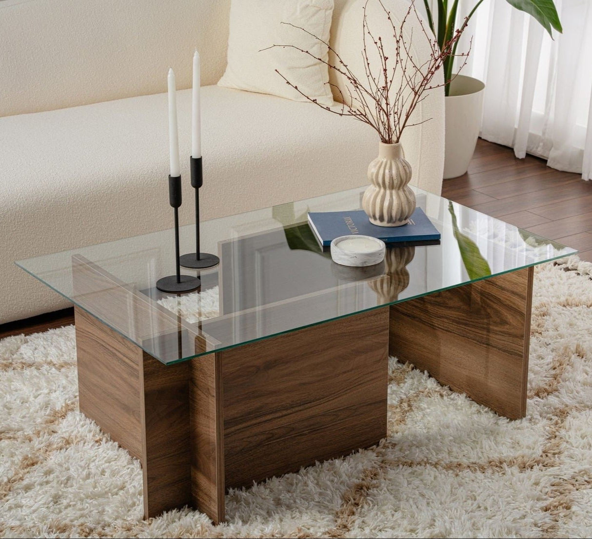 Table basse moderne rectangulaire Vetroni aspect noyer - Verre - 105x65 cm