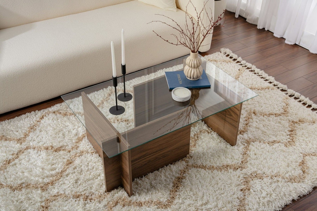 Table basse moderne rectangulaire Vetroni aspect noyer - Verre - 105x65 cm