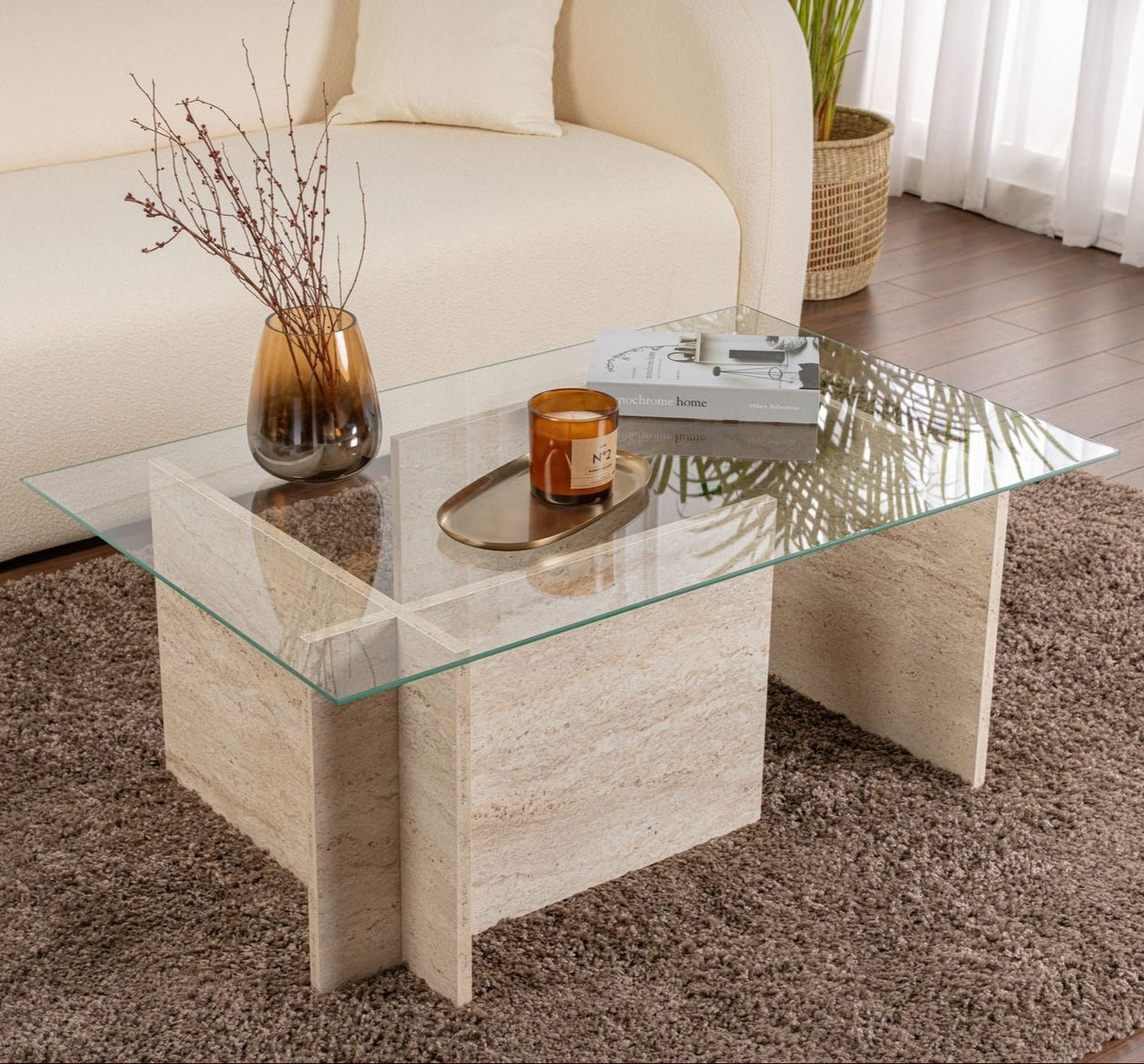 Table basse moderne rectangulaire Vetroni aspect travertin - Verre - 105x65 cm