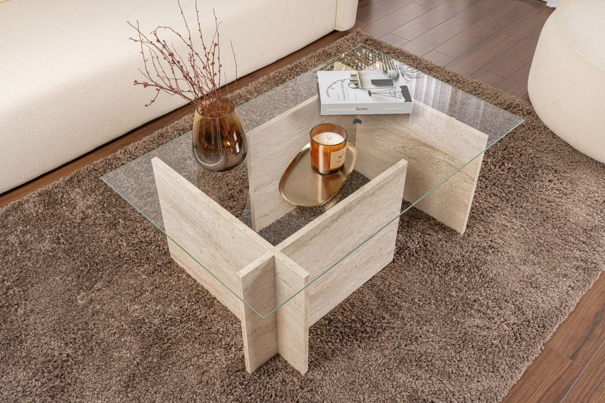 Table basse moderne rectangulaire Vetroni aspect travertin - Verre - 105x65 cm