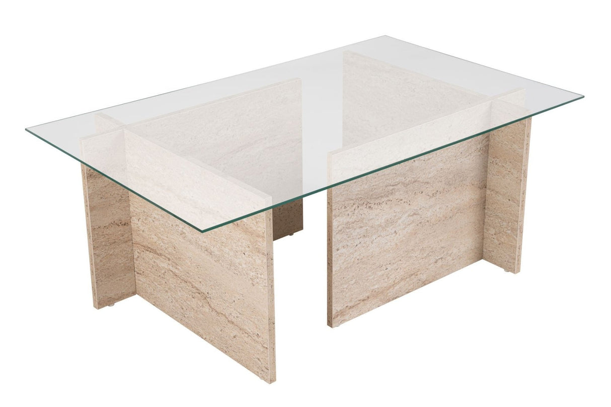 Table basse moderne rectangulaire Vetroni aspect travertin - Verre - 105x65 cm