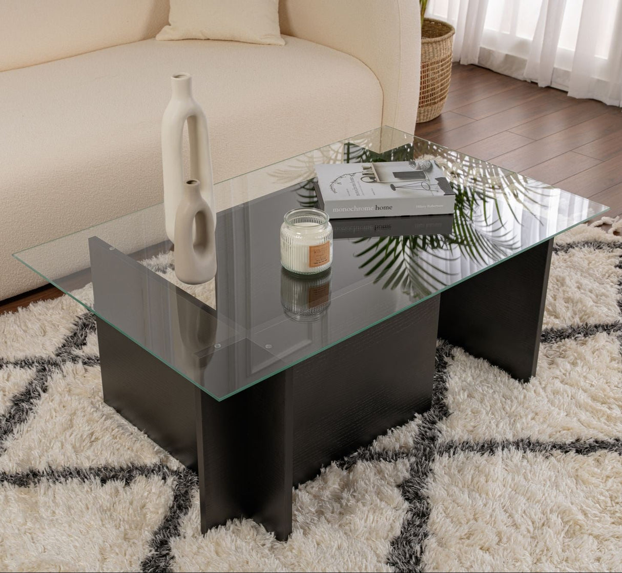 Table basse moderne rectangulaire Vetroni aspect bois noir - Verre - 105x65 cm