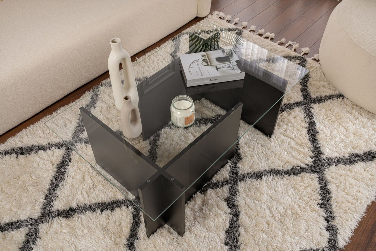 Table basse moderne rectangulaire Vetroni aspect bois noir - Verre - 105x65 cm