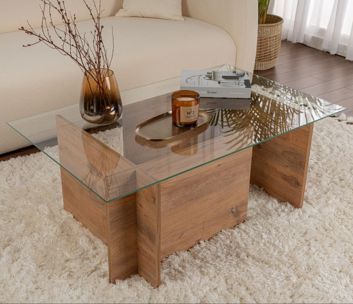 Table basse moderne rectangulaire Vetroni aspect pin de l'Atlantique - Verre - 105x65 cm