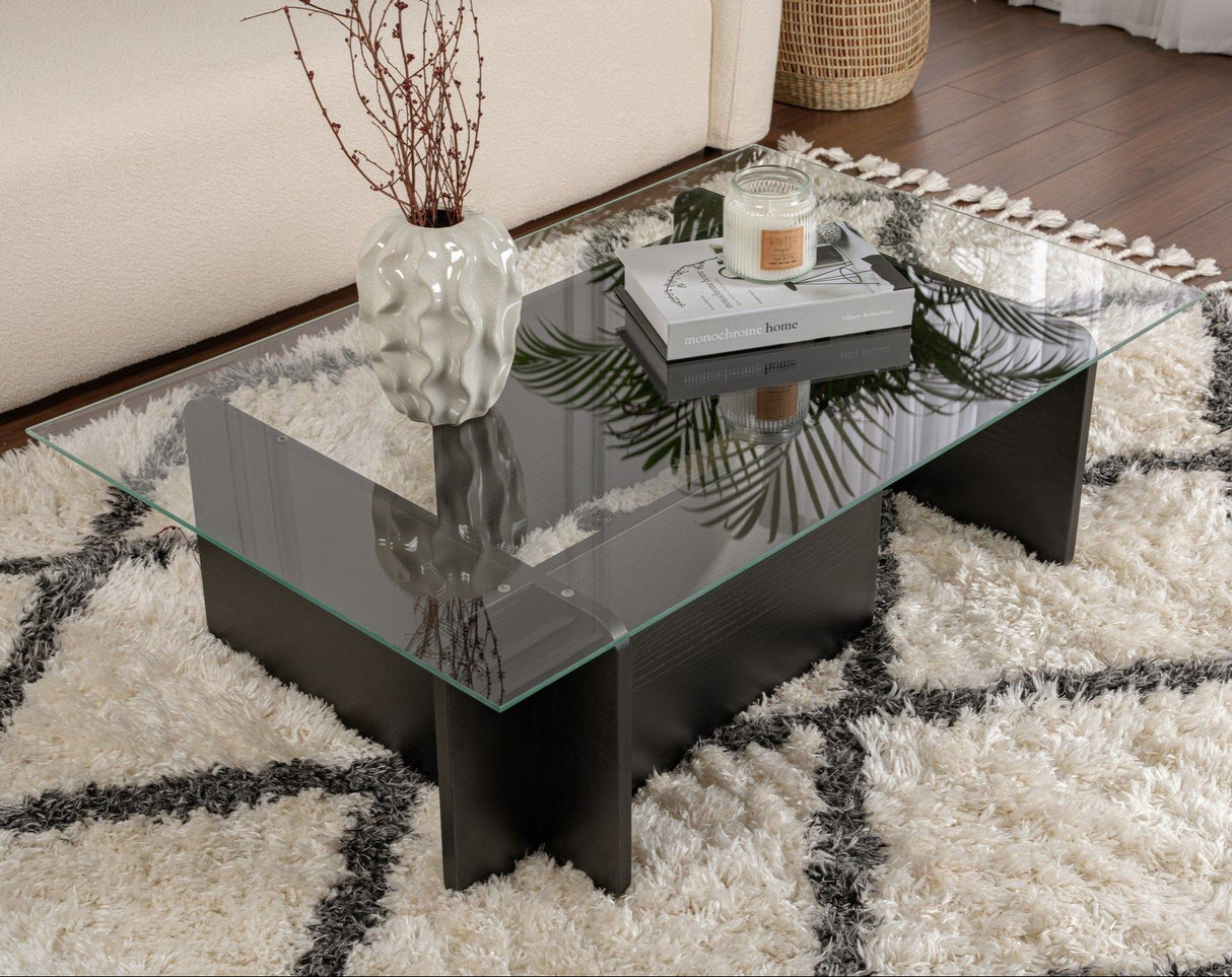 Table basse Noir Bois Mélaminé Verre Opale 105x65x30 cm