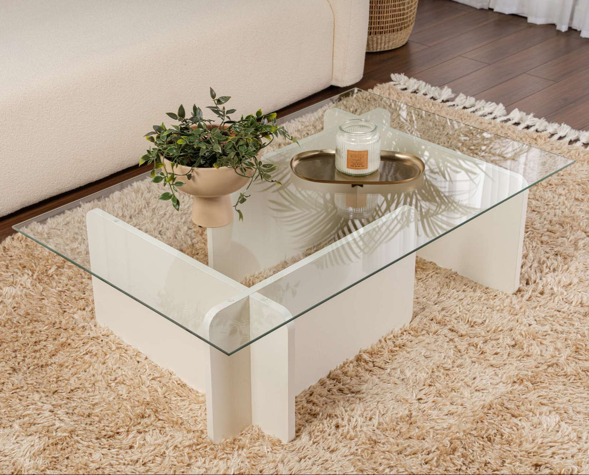 Table basse blanche mélamine verre opale 105x65x30 cm