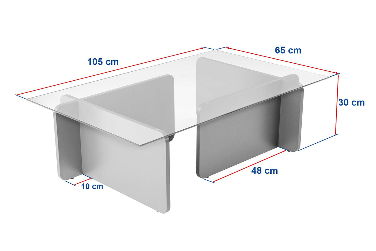 Table basse blanche mélamine verre opale 105x65x30 cm