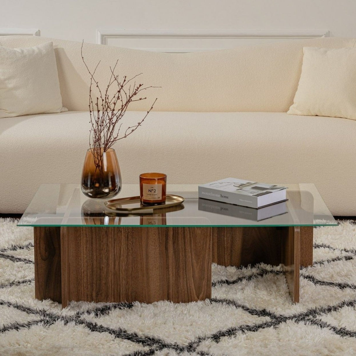 Table basse Naturel Noyer Verre Opal 105x65x30 cm