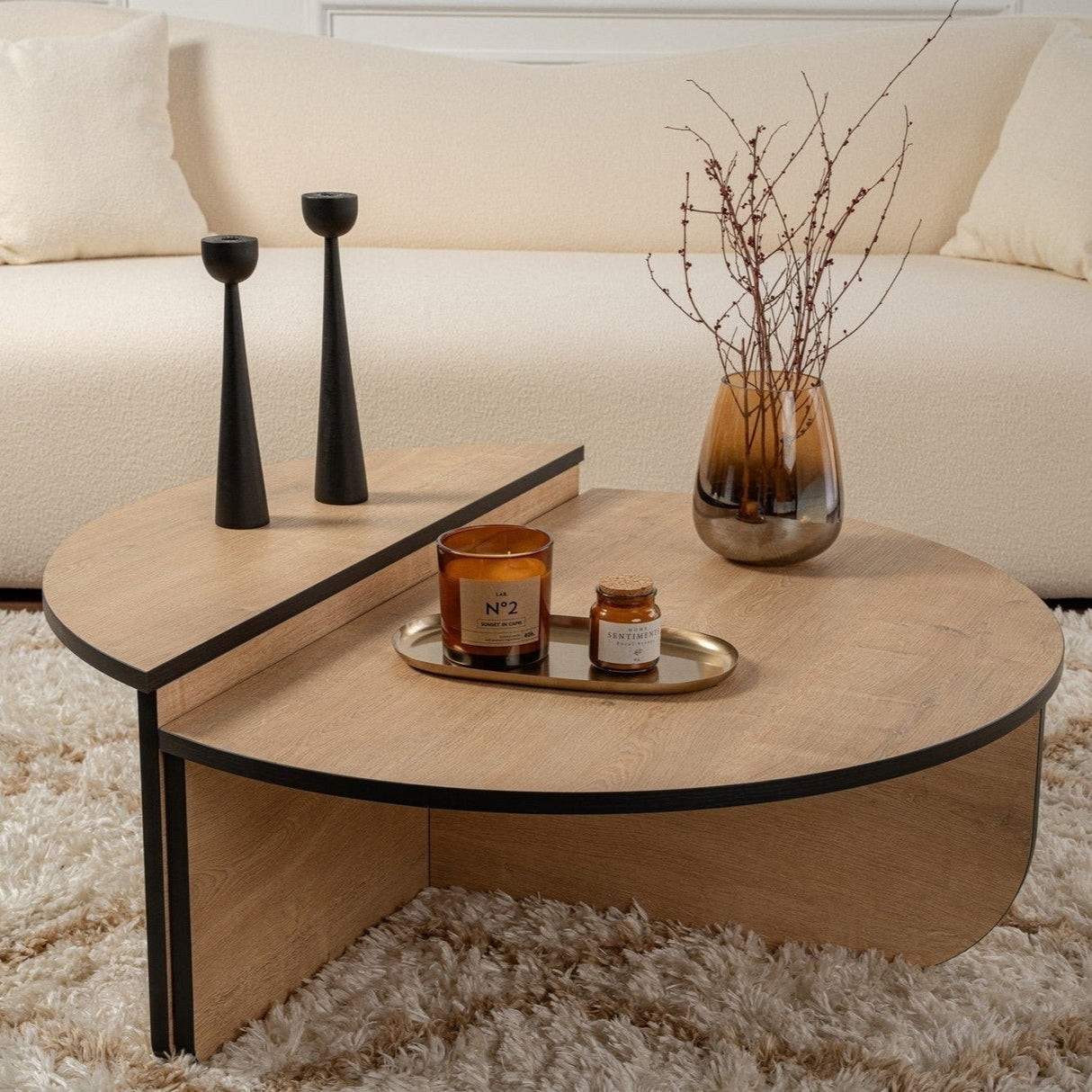Table basse ronde 85 cm aspect chêne naturel mélamine Orin