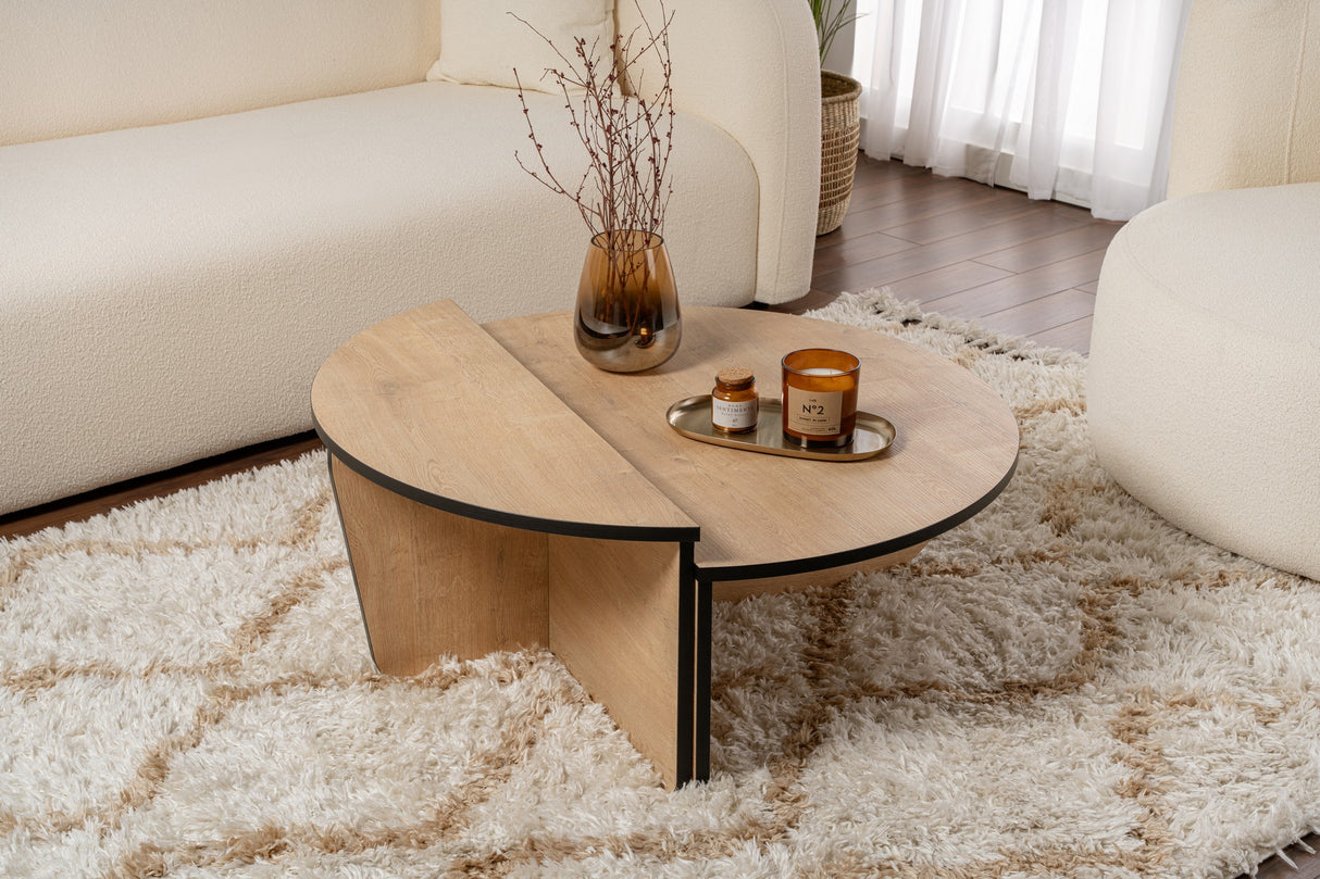 Table basse ronde 85 cm aspect chêne naturel mélamine Orin