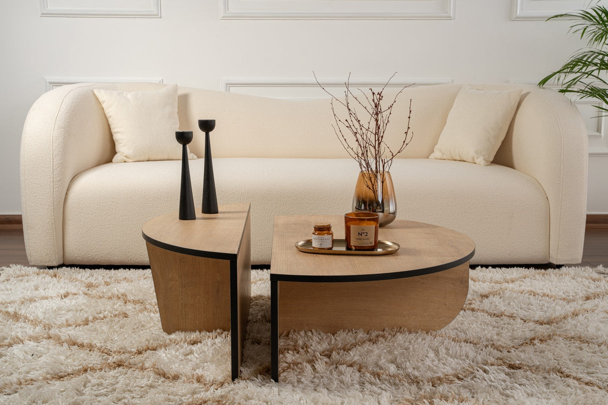 Table basse ronde 85 cm aspect chêne naturel mélamine Orin