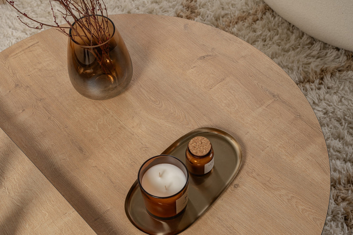 Table basse ronde 85 cm aspect chêne naturel mélamine Orin