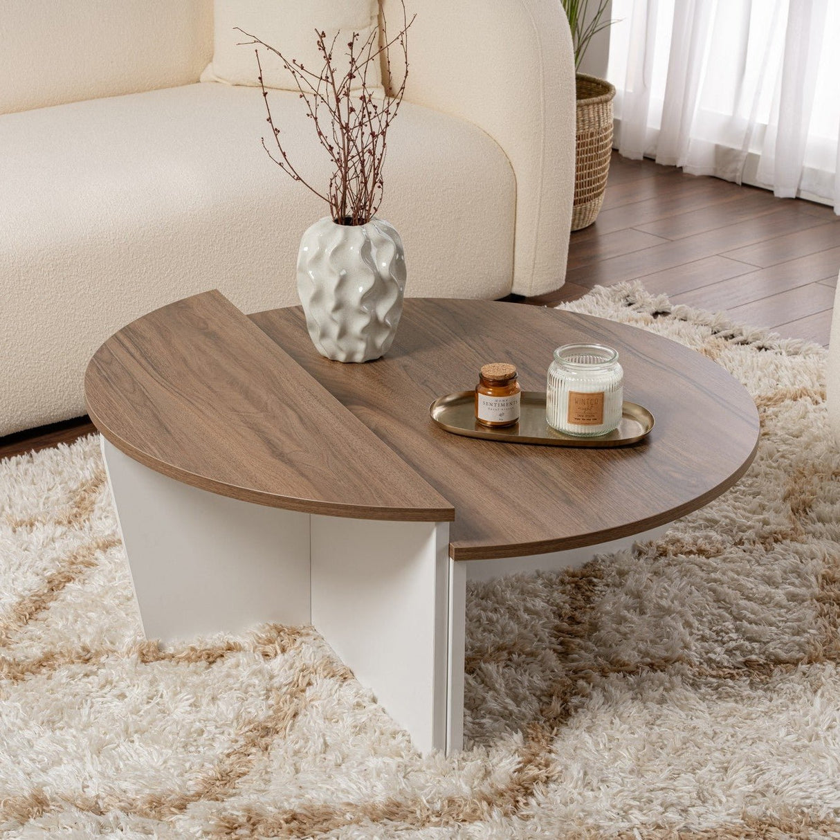 Table basse Orion Noyer et Blanc 90x60 cm Mélamine Walnut Blanc