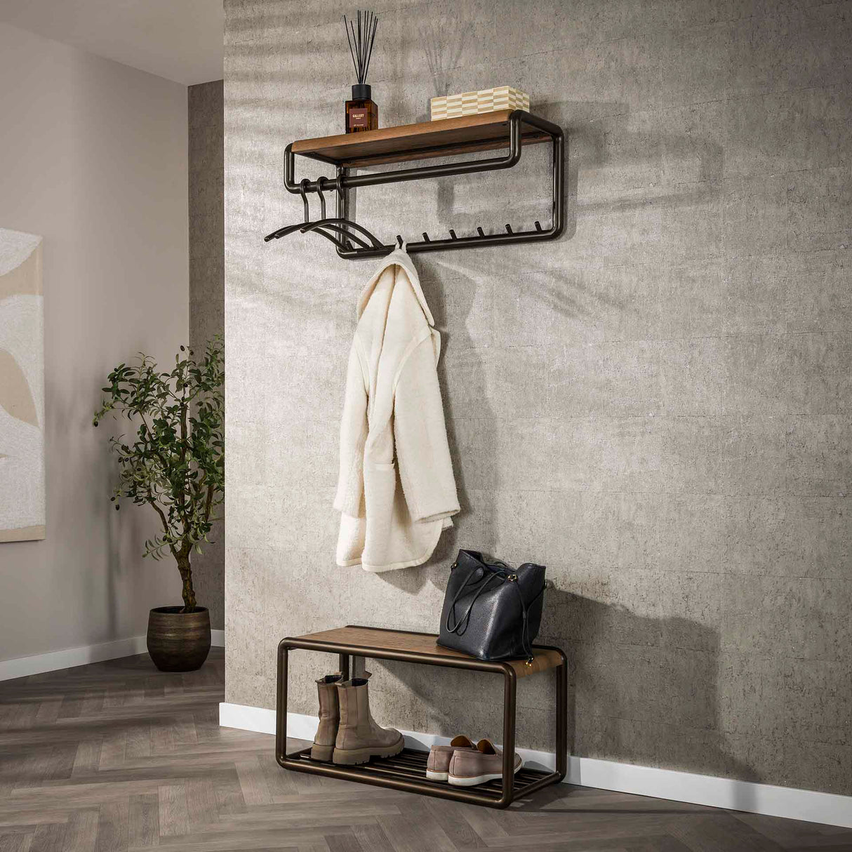 Porte manteau Senna tringle et étagère à chapeaux 8 patères Drift marron