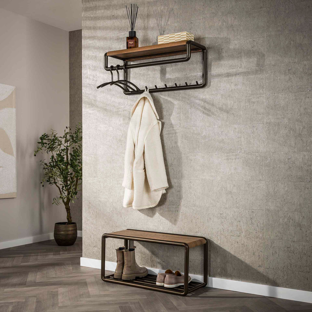 Porte manteau Senna tringle et étagère à chapeaux 8 patères Drift marron