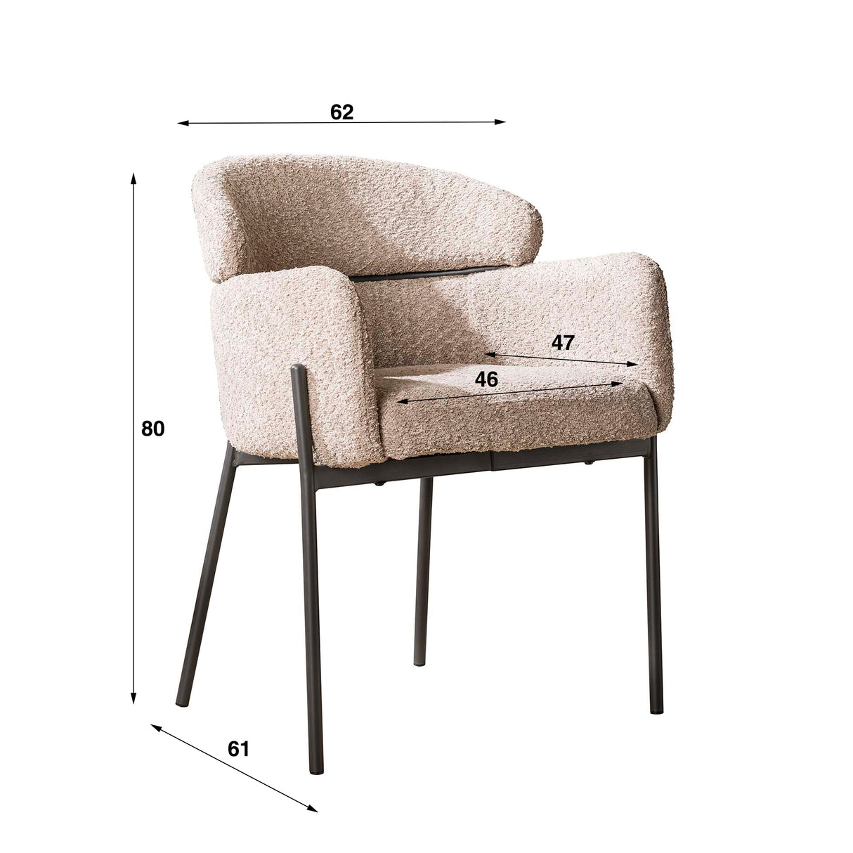 Chaise de salle à manger Lola Bouclé en tissu beige avec dossier rond et bras