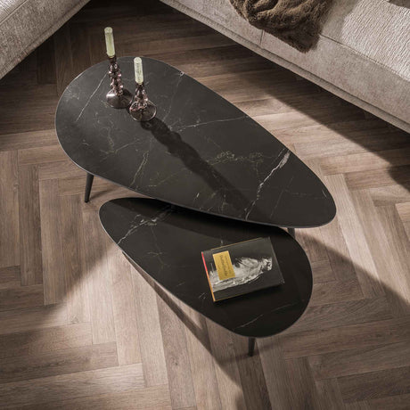 Ensemble de 2 tables basses Sophie en céramique avec effet marbre noir