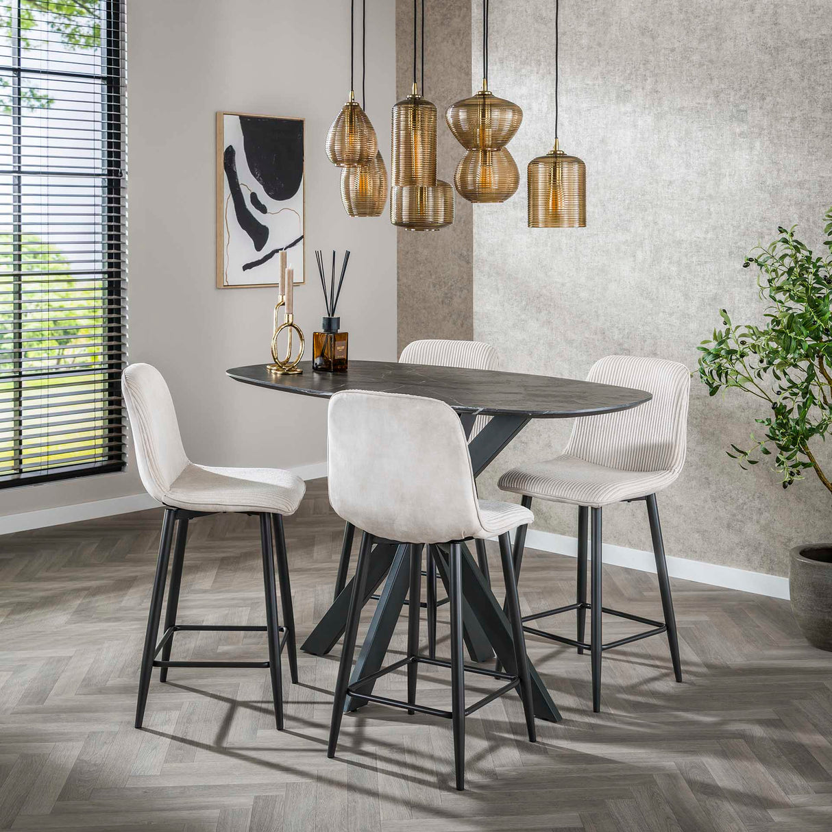 Tabouret de bar moderne Lento en tissu Rib Rock couleur ivoire avec texture à rayures