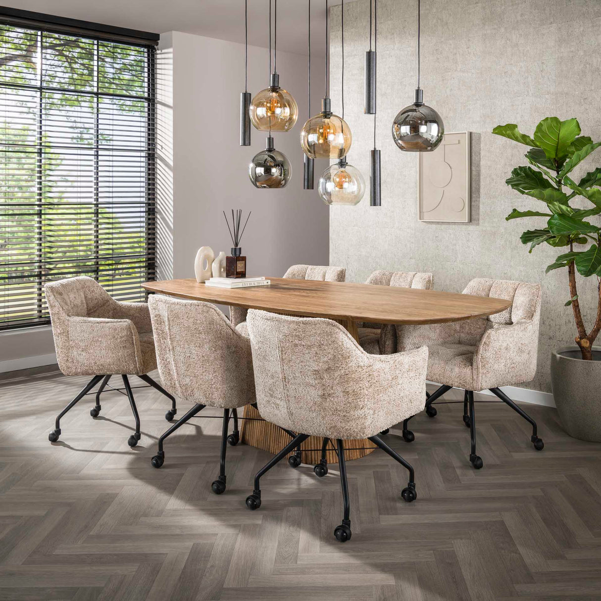 Lot de 2 chaises de salle à manger Tova tissu Alura sable avec roulettes