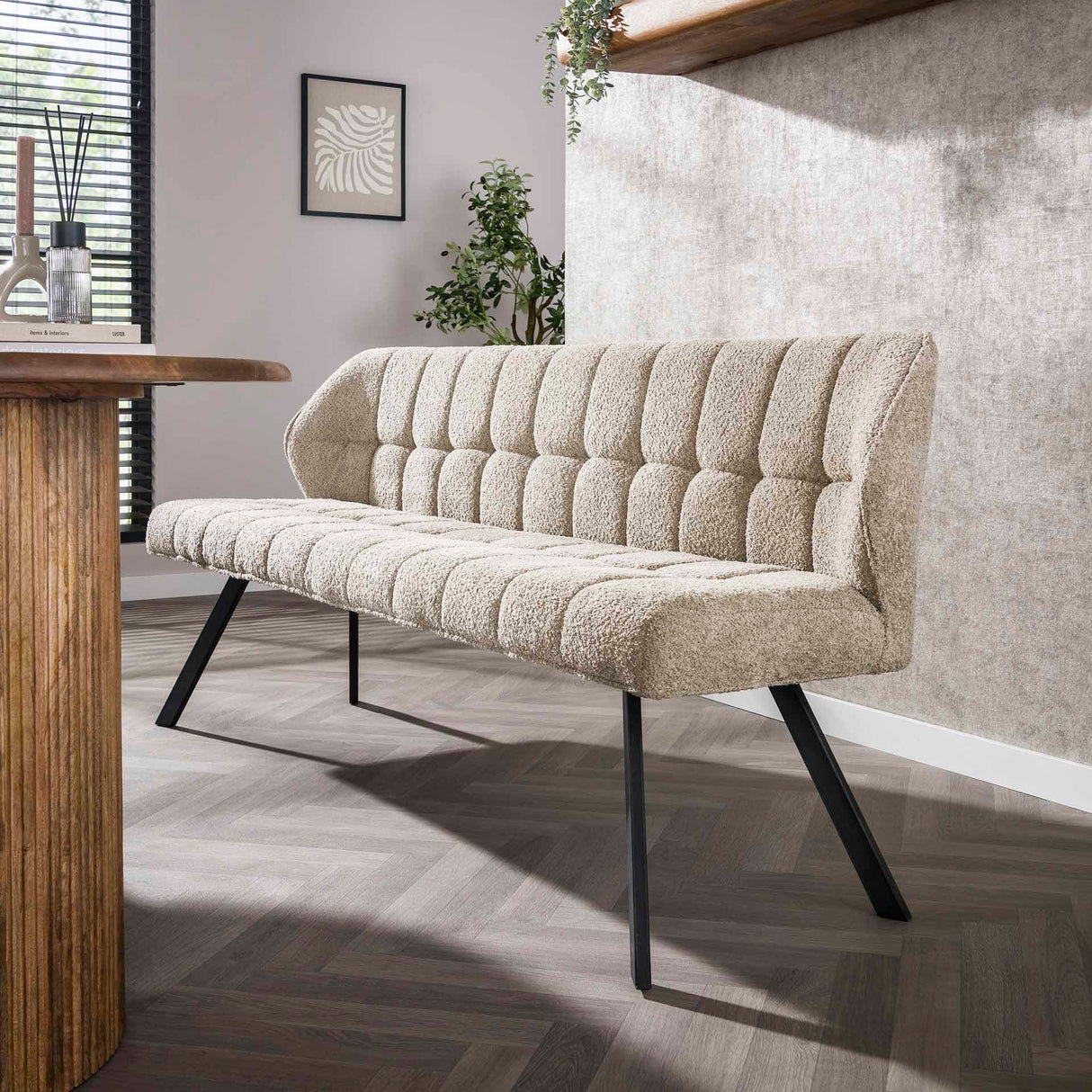 Banquette de salle à manger Lino Bouclé Tissu Sable 180 cm à carreaux