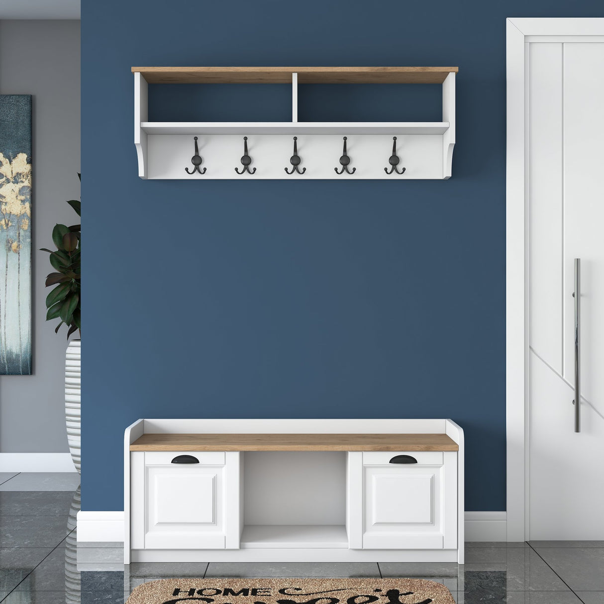 Ensemble de meubles Porte-manteau - Meuble à chaussures - Mélamine Blanc-Noyer