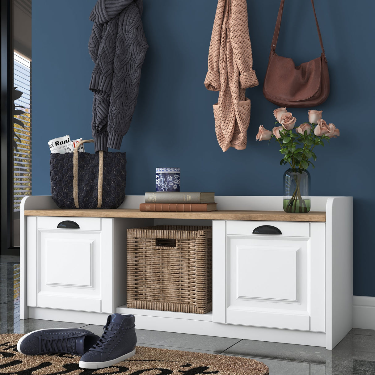 Ensemble de meubles Porte-manteau - Meuble à chaussures - Mélamine Blanc-Noyer