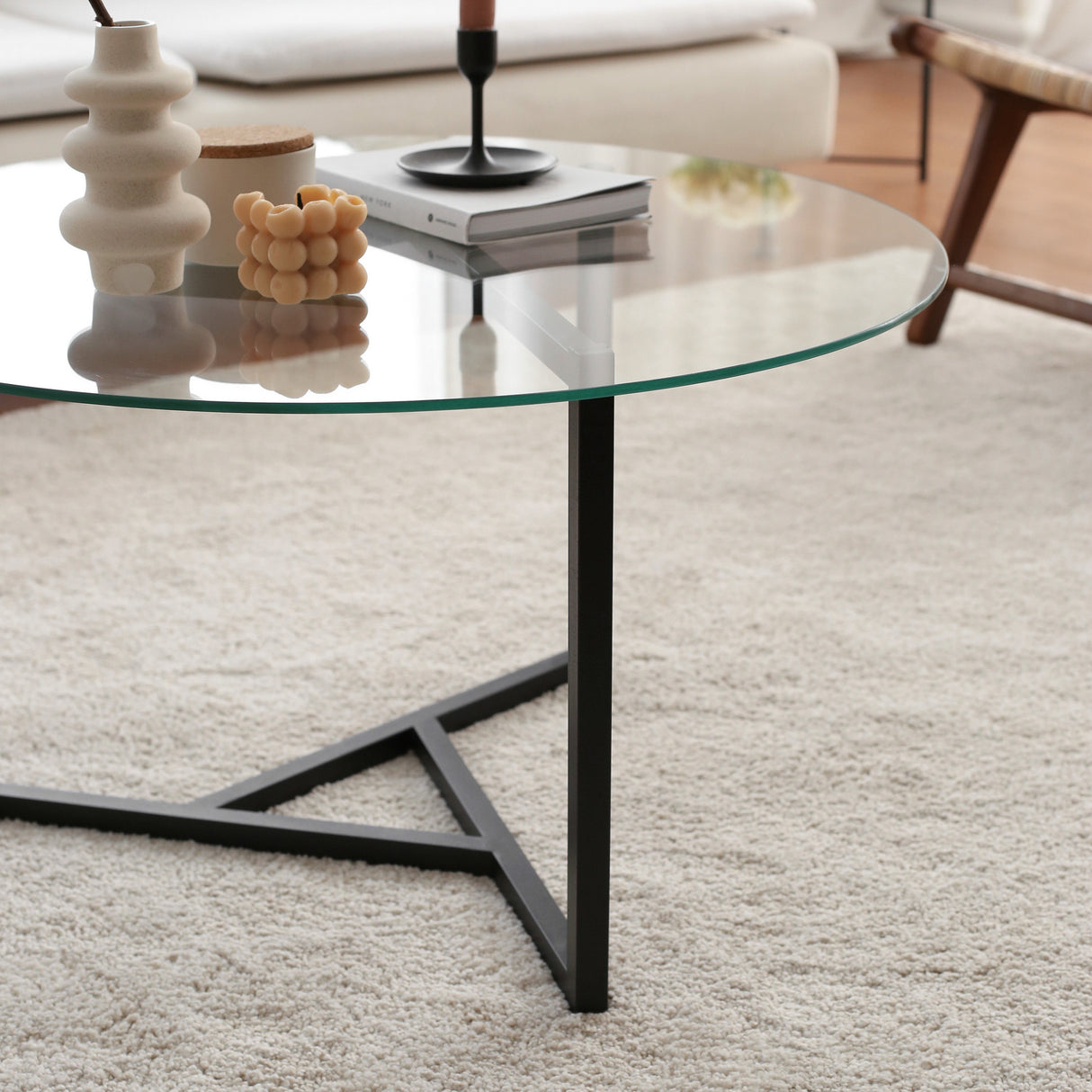 Table basse ronde en verre 75 cm - Cadre en métal noir
