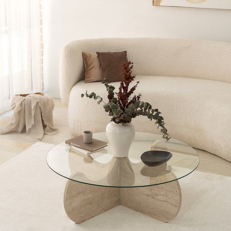 Table basse ronde en verre 75 cm Travertin - Hima