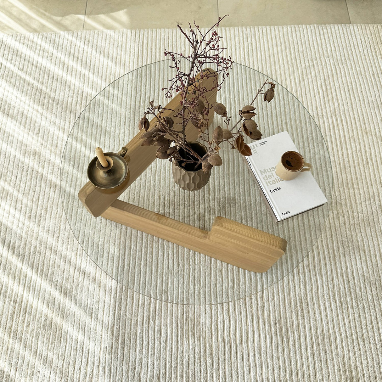 Table basse ronde en verre Mio - 75 cm - Pied en bois