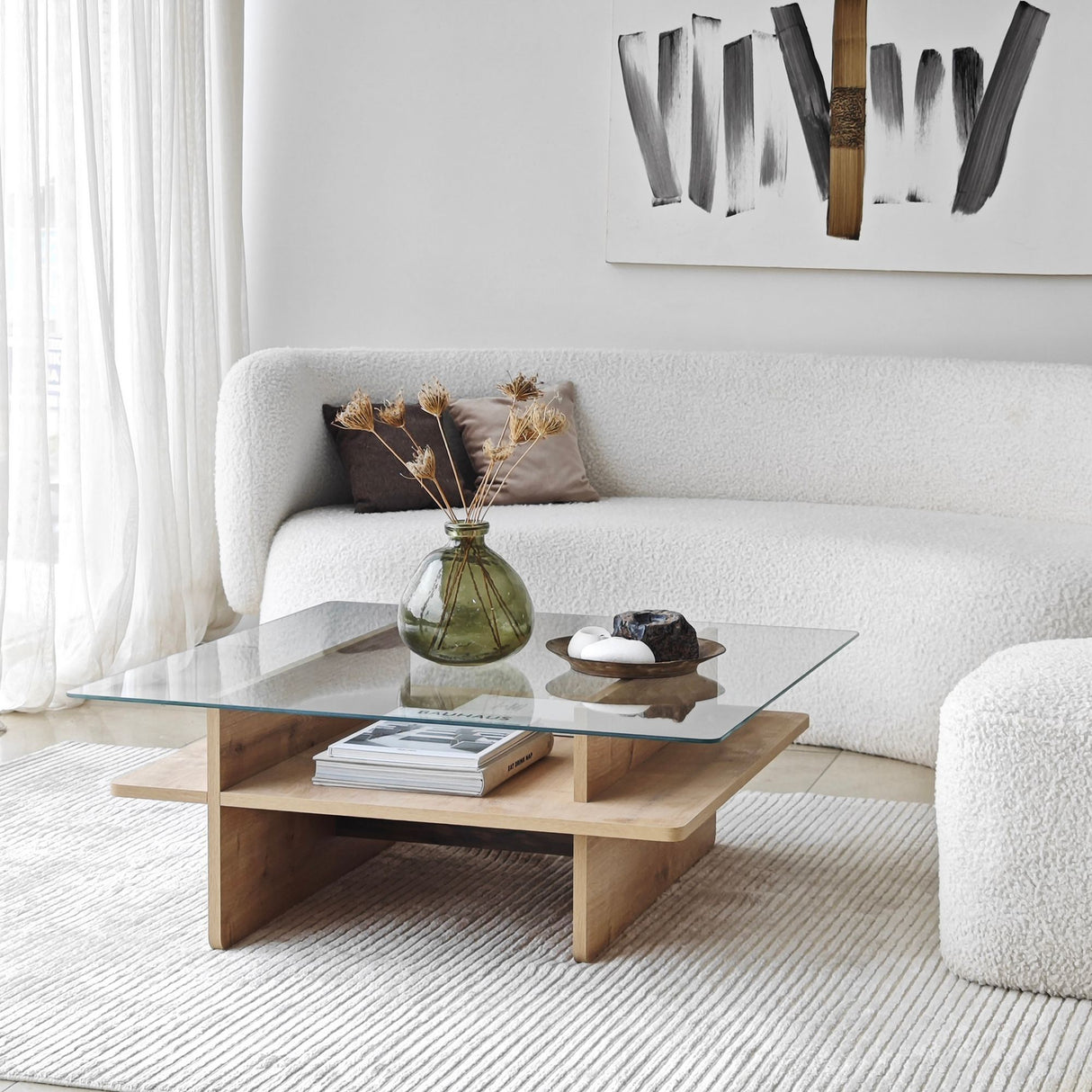 Table basse carrée en verre Sagu - Piètement en mélamine Sapphire - 90x90 cm