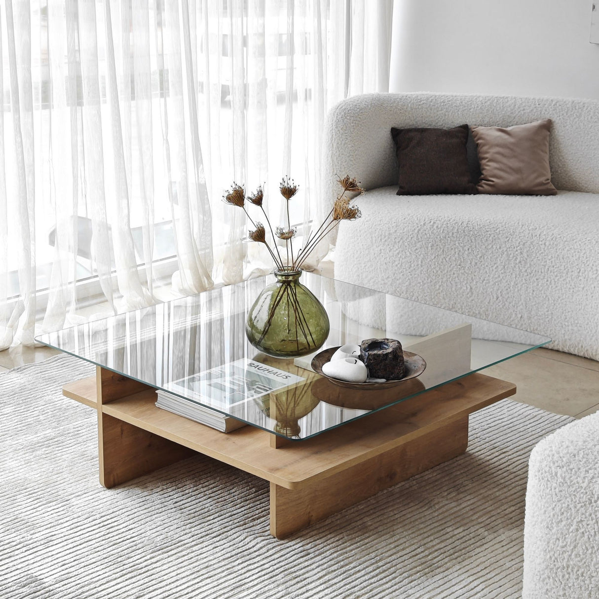 Table basse carrée en verre Sagu - Piètement en mélamine Sapphire - 90x90 cm