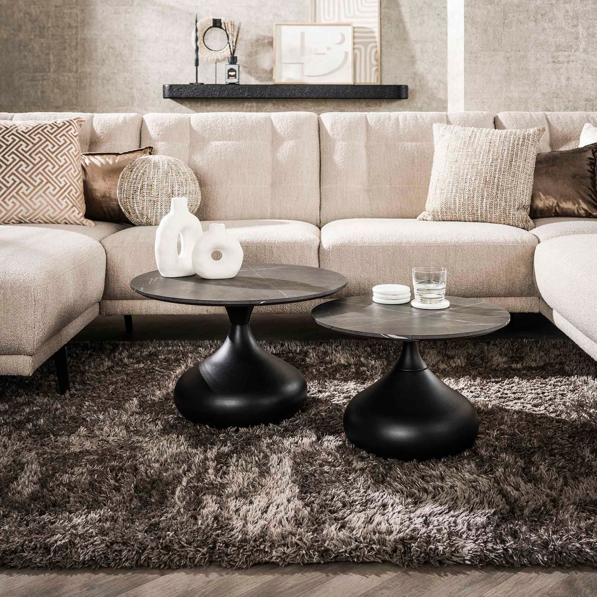 Ensemble de tables basses Drop Salontafel de 2 pièces en mélamine 3D Graphite Ø60-Ø50