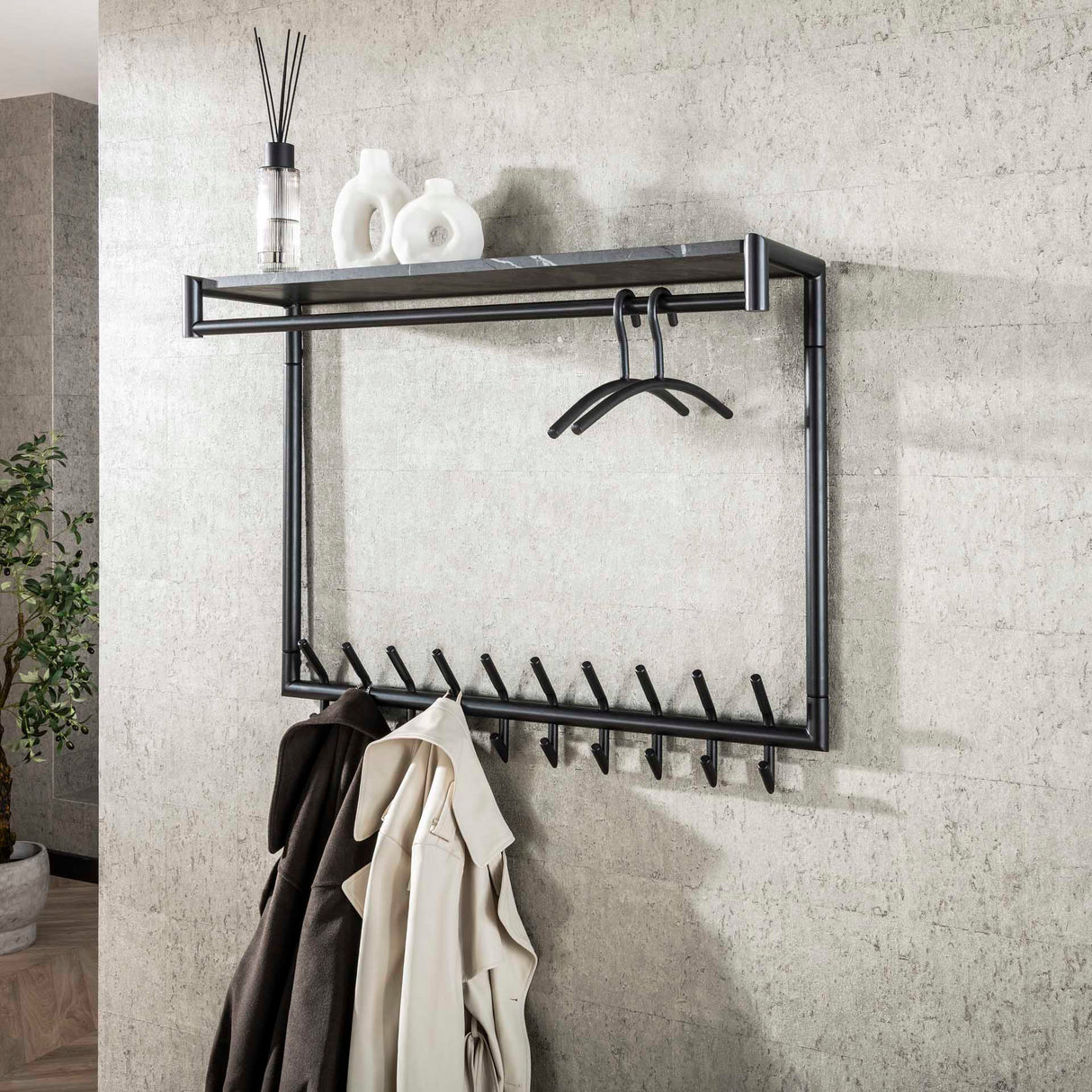 Porte-manteau Kimi 20-Crochets Noir Céramique - Avec Bar et Étagère à Chapeaux