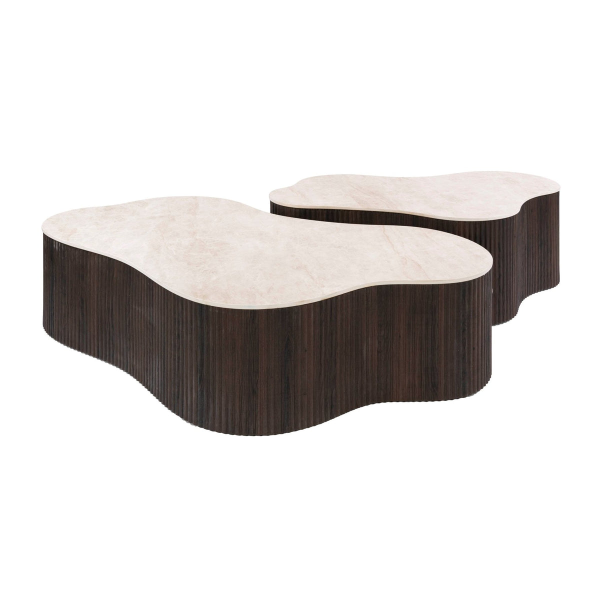 Witfoto set van 2 organische salontafels Cruz Grand met Taj Mahal keramiek bladen en donkerbruine ribbelbasis.