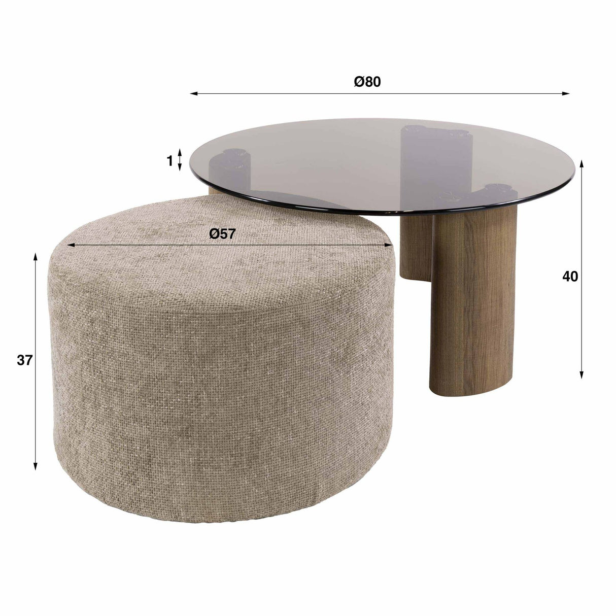 Lot de 2 tables basses rondes Thor verre fumé marron et tissu couleur sable