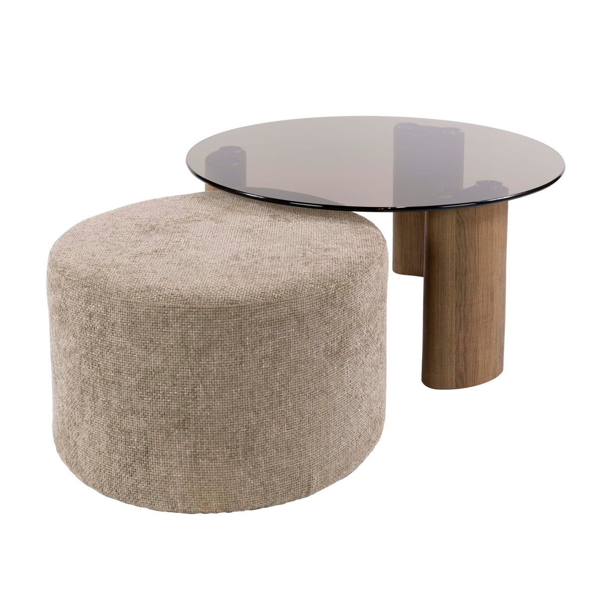 Lot de 2 tables basses rondes Thor verre fumé marron et tissu couleur sable